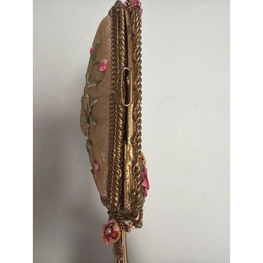 Victorian‎ Silk Ribbon Work Hand Mirror Floral Petit Point Beaded Handle
